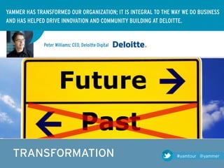 YAMMER HAS TRANSFORMED OUR ORGANIZATION; IT IS INTEGRAL TO THE WAY WE DO BUSINESS
AND HAS HELPED DRIVE INNOVATION AND COMMUNITY BUILDING AT DELOITTE.


              Peter Williams; CEO, Deloitte Digital




  TRANSFORMATION                                                #yamtour @yammer
 