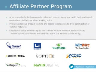 »    Affiliate Partner Program
»    Arms consultants, technology advocates and systems integrators with the knowledge to
     guide clients in their social networking vision
»    Provides extensive product training and access to resources to drive optimization of
     Yammer networks
»    Enables exclusive membership to the Yammer Affiliate Network, early access to
     Yammer's product roadmap, and certified use of the Yammer Affiliate Logo




                                                                          #yamtour @yammer
 