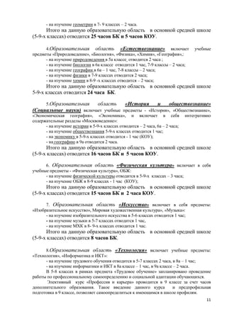 - на изучение геометрии в 7- 9 классах – 2 часа.
      Итого на данную образовательную область в основной средней школе
(5-9-х классах) отводится 25 часов БК и 5 часов КОУ.

      4.Образовательная область «Естествознание» включает                        учебные
предметы «Природоведение», «Биология», «Физика», «Химия», «География»,:
      - на изучение природоведения в 5а классе отводится 2 часа ;
      - на изучение биологии в 6а классе отводится 1 час, 7-9 классы – 2 часа;
      - на изучение географии в 6а – 1 час, 7-8 классы – 2 часа;
      - на изучение физики в 7-9 классах отводится 2 часа;
      - на изучение химии в 8-9 -х классах отводится – 2 часа;
      Итого на данную образовательную область в основной средней школе
5-9-х классах отводится 24 часа БК.

      5.Образовательная          область       «История         и      обществознание»
(Социальные науки) включает учебные предметы - «История», «Обществознание»,
«Экономическая география», «Экономика», и включает в себя интегративно
содержательные разделы «Москвоведение»:
      - на изучение истории в 5-9-х классах отводится – 2 часа, 6а – 2 часа;
      - на изучение обществознания 5-9-х классах отводится 1 час;
      - на экономику в 5-9-х классах отводится - 1 час (КОУ);
      - на географию в 9а отводится 2 часа.
      Итого на данную образовательную область в основной средней школе
(5-9-х классах) отводится 16 часов БК и 5 часов КОУ.

      6. Образовательная область «Физическая культура» включает в себя
учебные предметы - «Физическая культура», ОБЖ:
      - на изучение физической культуры отводится в 5-9-х классах – 3 часа;
      - на изучение ОБЖ в 8-9 классах - 1 час (КОУ);
      Итого на данную образовательную область в основной средней школе
(5-9-х классах) отводится 15 часов БК и 2 часа КОУ.

      7. Образовательная область «Искусство» включает в себя предметы:
«Изобразительное искусство», Мировая художественная культура», «Музыка»:
      - на изучение изобразительного искусства в 5-6 классах отводится 1 час;
      - на изучение музыки в 5-7 классах отводится 1 час,
      - на изучение МХК в 8- 9-х классах отводится 1 час.
      Итого на данную образовательную область в основной средней школе
(5-9-х классах) отводится 8 часов БК.

      8.Образовательная область «Технология» включает учебные предметы:
«Технология», «Информатика и ИКТ»:
      - на изучение трудового обучения отводится в 5-7 классах 2 часа, в 8а – 1 час;
      - на изучение информатики и ИКТ в 8а классе – 1 час, в 9а классе – 2 часа.
      В 5-8 классах в рамках предмета «Трудовое обучение» запланировано проведение
работы по профессиональному самоопределению и социальной адаптации обучающихся.
       Элективный курс «Профессия и карьера» проводится в 9 классе за счет часов
дополнительного образования. Такое введение данного курса              и предпрофильная
подготовка в 9 классе, позволяет самоопределиться к имеющимся в школе профилям.
                                                                                      11
 