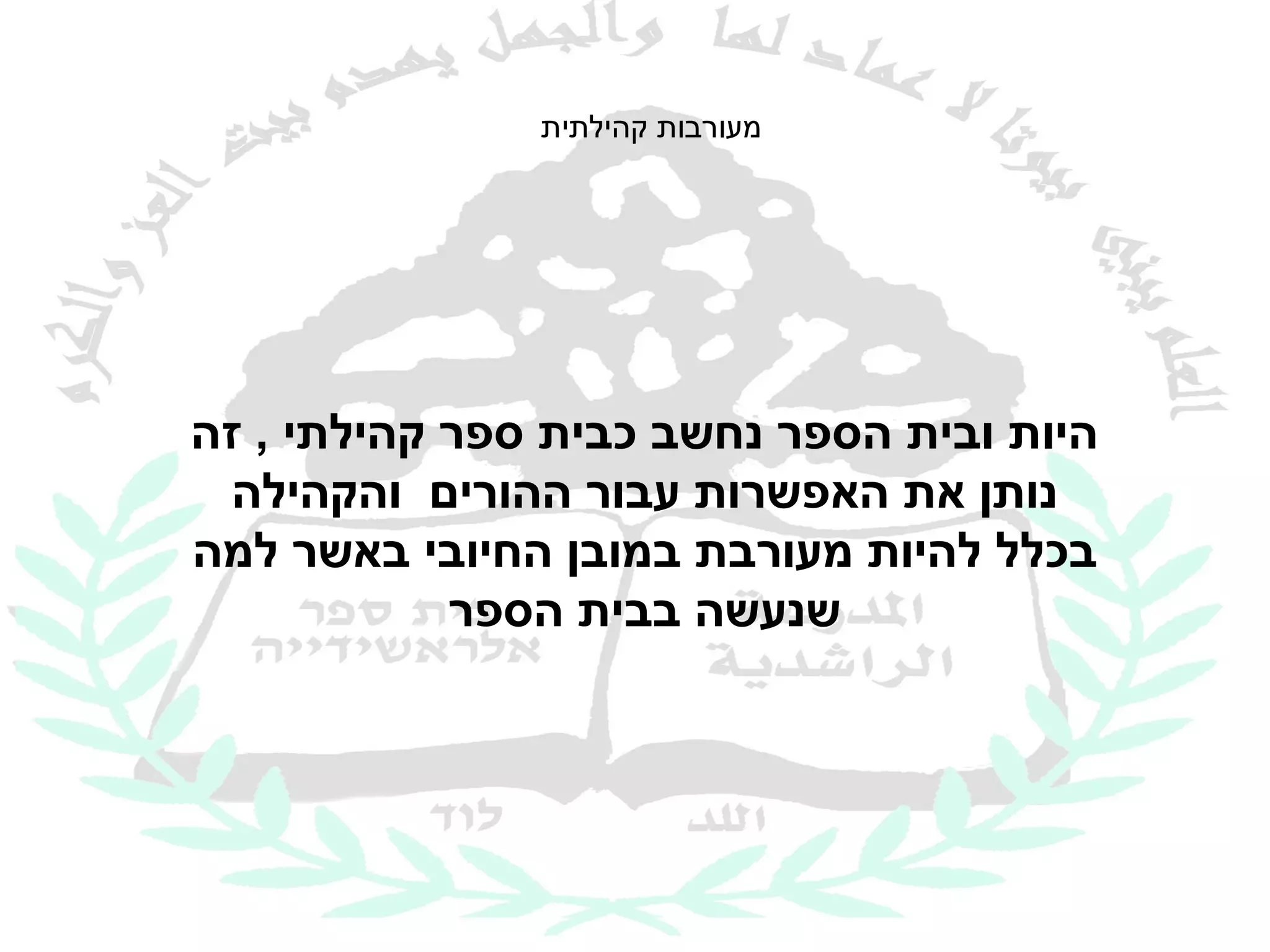 ‫מעורבות קהילתית‬




‫היות ובית הספר נחשב כבית ספר קהילתי , זה‬
  ‫נותן את האפשרות עבור ההורים והקהילה‬
‫בכלל להיות מעורבת במובן החיובי באשר למה‬
            ‫שנעשה בבית הספר‬
 