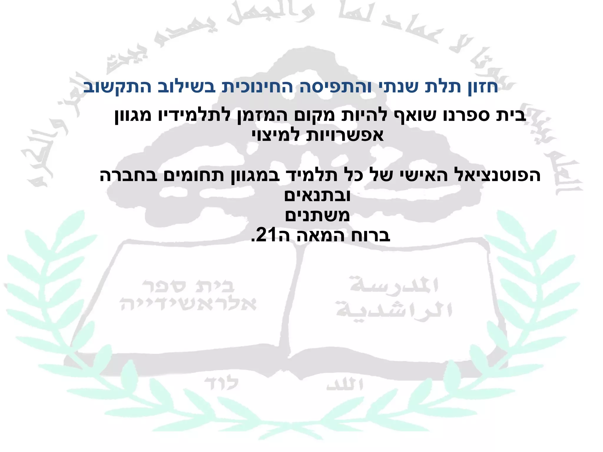 ‫חזון תלת שנתי והתפיסה החינוכית בשילוב התקשוב‬
   ‫בית ספרנו שואף להיות מקום המזמן לתלמידיו מגוון‬
                    ‫אפשרויות למיצוי‬

 ‫הפוטנציאל האישי של כל תלמיד במגוון תחומים בחברה‬
                     ‫ובתנאים‬
                     ‫משתנים‬
                 ‫ברוח המאה ה12.‬
 