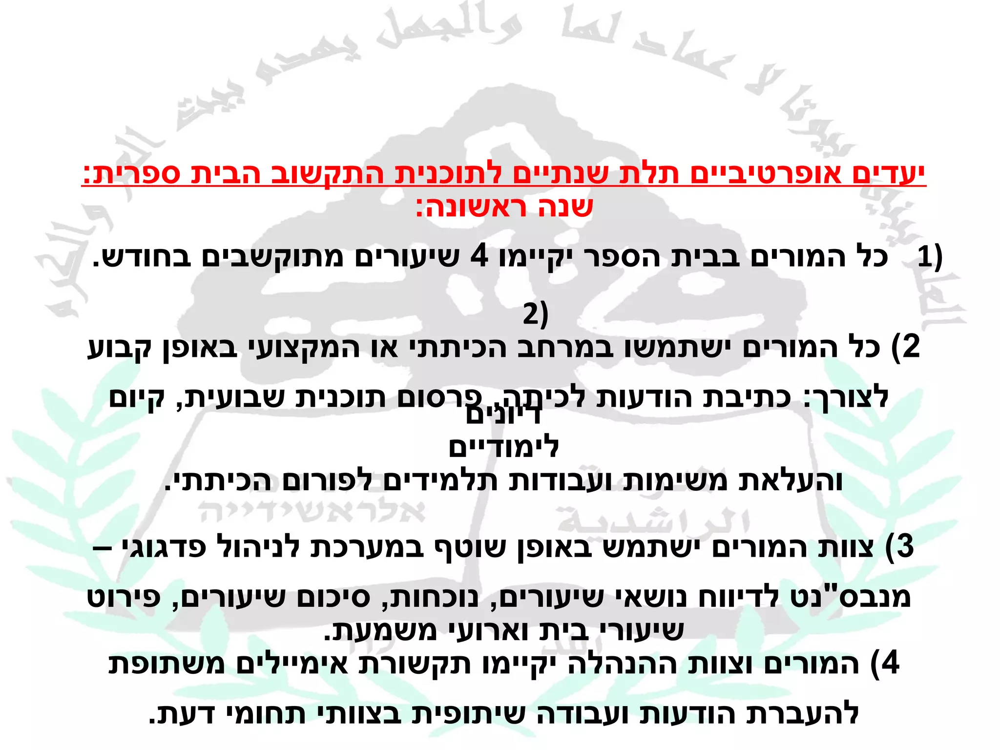 ‫יעדים אופרטיביים תלת שנתיים לתוכנית התקשוב הבית ספרית:‬
                     ‫שנה ראשונה:‬
 ‫)1 כל המורים בבית הספר יקיימו 4 שיעורים מתוקשבים בחודש.‬
                              ‫)2‬
‫2( כל המורים ישתמשו במרחב הכיתתי או המקצועי באופן קבוע‬
 ‫לצורך: כתיבת הודעות לכיתה, פרסום תוכנית שבועית, קיום‬
                         ‫דיונים‬
                        ‫לימודיים‬
     ‫והעלאת משימות ועבודות תלמידים לפורום הכיתתי.‬

‫3( צוות המורים ישתמש באופן שוטף במערכת לניהול פדגוגי –‬
‫מנבס"נט לדיווח נושאי שיעורים, נוכחות, סיכום שיעורים, פירוט‬
                 ‫שיעורי בית וארועי משמעת.‬
 ‫4( המורים וצוות ההנהלה יקיימו תקשורת אימיילים משתופת‬
    ‫להעברת הודעות ועבודה שיתופית בצוותי תחומי דעת.‬
 