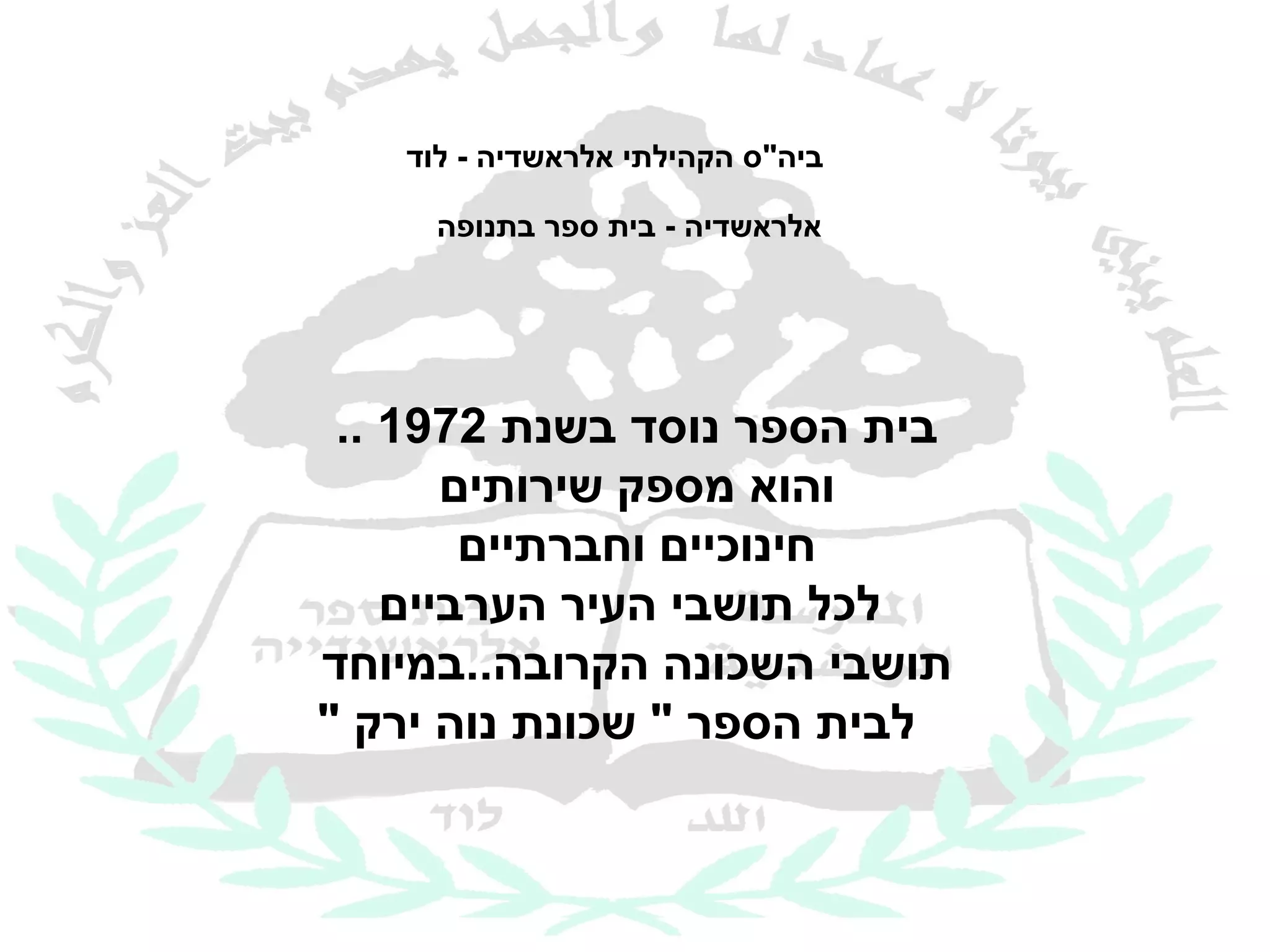 ‫ביה"ס הקהילתי אלראשדיה - לוד‬

     ‫אלראשדיה - בית ספר בתנופה‬




 ‫בית הספר נוסד בשנת 2791 ..‬
       ‫והוא מספק שירותים‬
        ‫חינוכיים וחברתיים‬
    ‫לכל תושבי העיר הערביים‬
‫תושבי השכונה הקרובה..במיוחד‬
‫לבית הספר " שכונת נוה ירק "‬
 