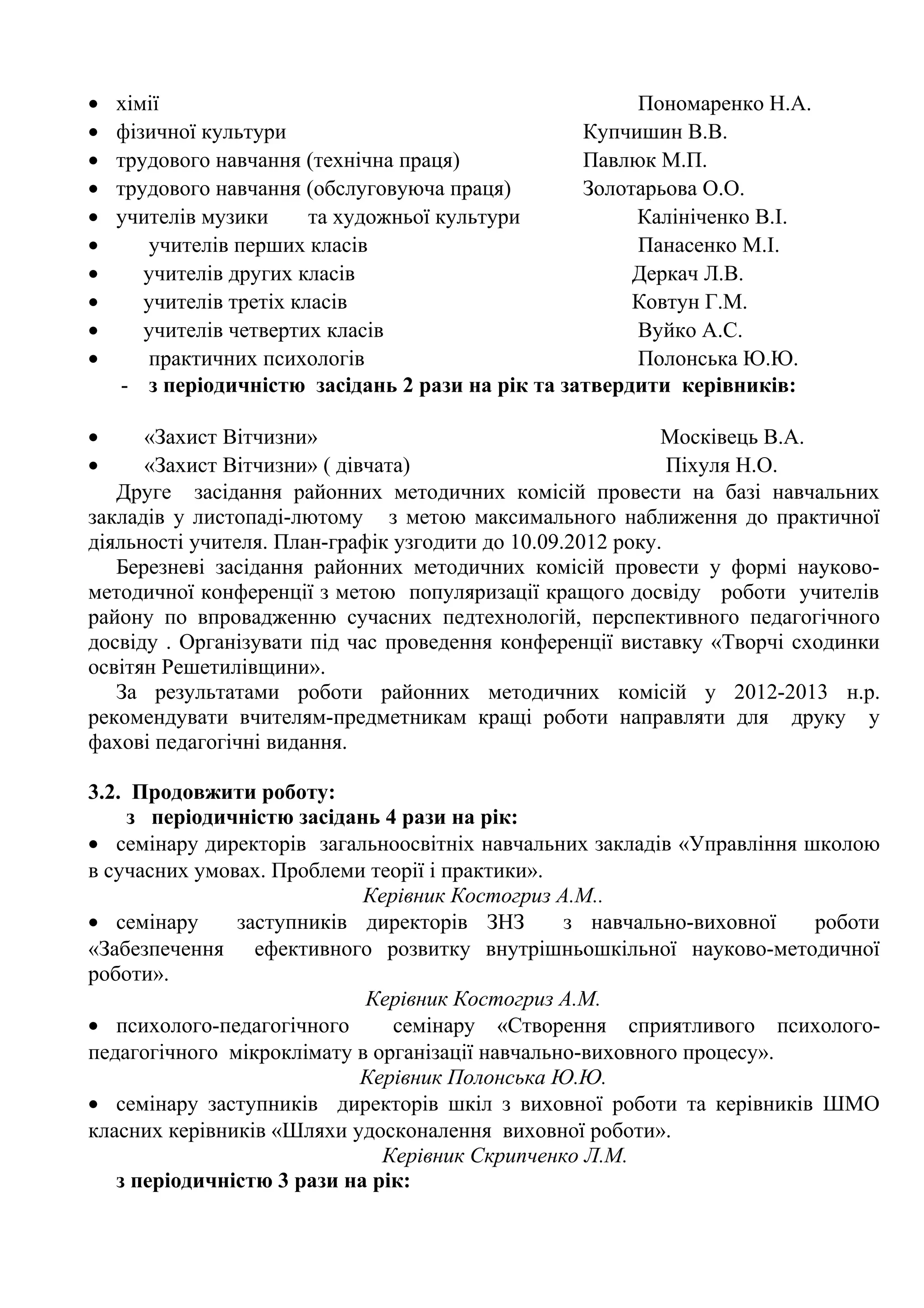 •   хімії                                              Пономаренко Н.А.
•   фізичної культури                             Купчишин В.В.
•   трудового навчання (технічна праця)           Павлюк М.П.
•   трудового навчання (обслуговуюча праця)       Золотарьова О.О.
•   учителів музики      та художньої культури         Калініченко В.І.
•      учителів перших класів                          Панасенко М.І.
•      учителів других класів                          Деркач Л.В.
•      учителів третіх класів                          Ковтун Г.М.
•      учителів четвертих класів                       Вуйко А.С.
•      практичних психологів                           Полонська Ю.Ю.
    - з періодичністю засідань 2 рази на рік та затвердити керівників:

•     «Захист Вітчизни»                                     Москівець В.А.
•     «Захист Вітчизни» ( дівчата)                           Піхуля Н.О.
   Друге засідання районних методичних комісій провести на базі навчальних
закладів у листопаді-лютому з метою максимального наближення до практичної
діяльності учителя. План-графік узгодити до 10.09.2012 року.
   Березневі засідання районних методичних комісій провести у формі науково-
методичної конференції з метою популяризації кращого досвіду роботи учителів
району по впровадженню сучасних педтехнологій, перспективного педагогічного
досвіду . Організувати під час проведення конференції виставку «Творчі сходинки
освітян Решетилівщини».
   За результатами роботи районних методичних комісій у 2012-2013 н.р.
рекомендувати вчителям-предметникам кращі роботи направляти для друку у
фахові педагогічні видання.

3.2. Продовжити роботу:
     з періодичністю засідань 4 рази на рік:
• семінару директорів загальноосвітніх навчальних закладів «Управління школою
в сучасних умовах. Проблеми теорії і практики».
                            Керівник Костогриз А.М..
• семінару     заступників директорів ЗНЗ        з навчально-виховної   роботи
«Забезпечення ефективного розвитку внутрішньошкільної науково-методичної
роботи».
                            Керівник Костогриз А.М.
• психолого-педагогічного      семінару «Створення сприятливого психолого-
педагогічного мікроклімату в організації навчально-виховного процесу».
                           Керівник Полонська Ю.Ю.
• семінару заступників директорів шкіл з виховної роботи та керівників ШМО
класних керівників «Шляхи удосконалення виховної роботи».
                              Керівник Скрипченко Л.М.
   з періодичністю 3 рази на рік:
 
