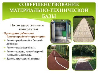 СОВЕРШЕНСТВОВАНИЕ
МАТЕРИАЛЬНО-ТЕХНИЧЕСКОЙ
БАЗЫ
По государственным
контрактам
Проведены работы по
благоустройству территории:
 Ремонт разбежной и беговой
дорожки
 Ремонт прыжковой ямы
 Ремонт газона, контейнерной
площадки, асфальта
 Замена тротуарной плитки
 