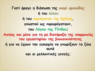Γιατί άραγε η διάσωση της καφέ αρκούδας 
ή του λύκου 
ή του αγριόγατου της Κρήτης, 
γνωστού ως «φουρόγατου», 
του Λύγκα της Πίνδου; 
Απλώς και μόνο για τη μη διατάραξη της ισορροπίας 
του εργαστηρίου της βιοποικιλότητας 
ή για να έχουν την ευκαιρία να γνωρίζουν τα ζώα 
αυτά 
και οι μελλοντικές γενεές; 
 