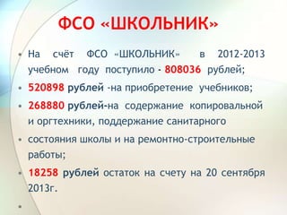 ФСО «ШКОЛЬНИК»
• На счёт ФСО «ШКОЛЬНИК» в 2012-2013
учебном году поступило - 808036 рублей;
• 520898 рублей -на приобретение учебников;
• 268880 рублей-на содержание копировальной
и оргтехники, поддержание санитарного
• состояния школы и на ремонтно-строительные
работы;
• 18258 рублей остаток на счету на 20 сентября
2013г.
•
 