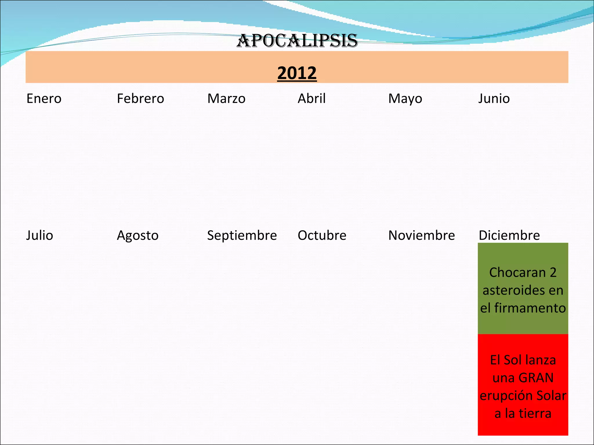 APOCALIPSIS
                           2012
Enero   Febrero   Marzo        Abril     Mayo        Junio




Julio   Agosto    Septiembre   Octubre   Noviembre   Diciembre

                                                      Chocaran 2
                                                     asteroides en
                                                     el firmamento


                                                       El Sol lanza
                                                       una GRAN
                                                     erupción Solar
                                                        a la tierra
 