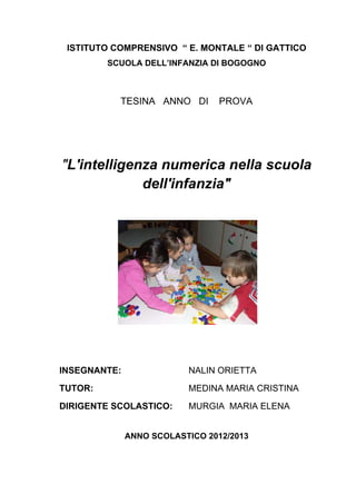 ISTITUTO COMPRENSIVO “ E. MONTALE “ DI GATTICO
SCUOLA DELL’INFANZIA DI BOGOGNO
TESINA ANNO DI PROVA
"L'intelligenza numerica nella scuola
dell'infanzia"
INSEGNANTE: NALIN ORIETTA
TUTOR: MEDINA MARIA CRISTINA
DIRIGENTE SCOLASTICO: MURGIA MARIA ELENA
ANNO SCOLASTICO 2012/2013
 
 