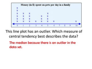 This line plot has an outlier. Which measure of
  central tendency best describes the data?
  The median because there is an outlier in the
  data set.
 