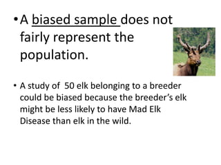 •A biased sample does not
 fairly represent the
 population.

• A study of 50 elk belonging to a breeder
  could be biased because the breeder’s elk
  might be less likely to have Mad Elk
  Disease than elk in the wild.
 