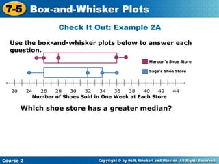 7-5 Box-and-Whisker Plots
                      Check It Out: Example 2A

  Use the box-and-whisker plots below to answer each
  question.
                                                     Maroon’s Shoe Store

                                                     Sage’s Shoe Store




   20      24  26   28   30   32    34   36  38    40   42     44
   t         Number of Shoes Sold in One Week at Each Store

        Which shoe store has a greater median?




Course 2
 