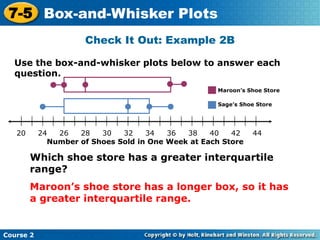 7-5 Box-and-Whisker Plots
                      Check It Out: Example 2B

  Use the box-and-whisker plots below to answer each
  question.
                                                     Maroon’s Shoe Store

                                                     Sage’s Shoe Store




   20      24  26   28   30   32    34   36  38    40   42     44
   t         Number of Shoes Sold in One Week at Each Store

        Which shoe store has a greater interquartile
        range?
        Maroon’s shoe store has a longer box, so it has
        a greater interquartile range.


Course 2
 