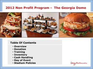 2012 Non Profit Program - The Georgia Dome




  Table Of Contents
   •   Overview
   •   Donation
   •   Training
   •   Inventory
   •   Cash Handling
   •   Day of Event
   •   Stadium Policies
 
