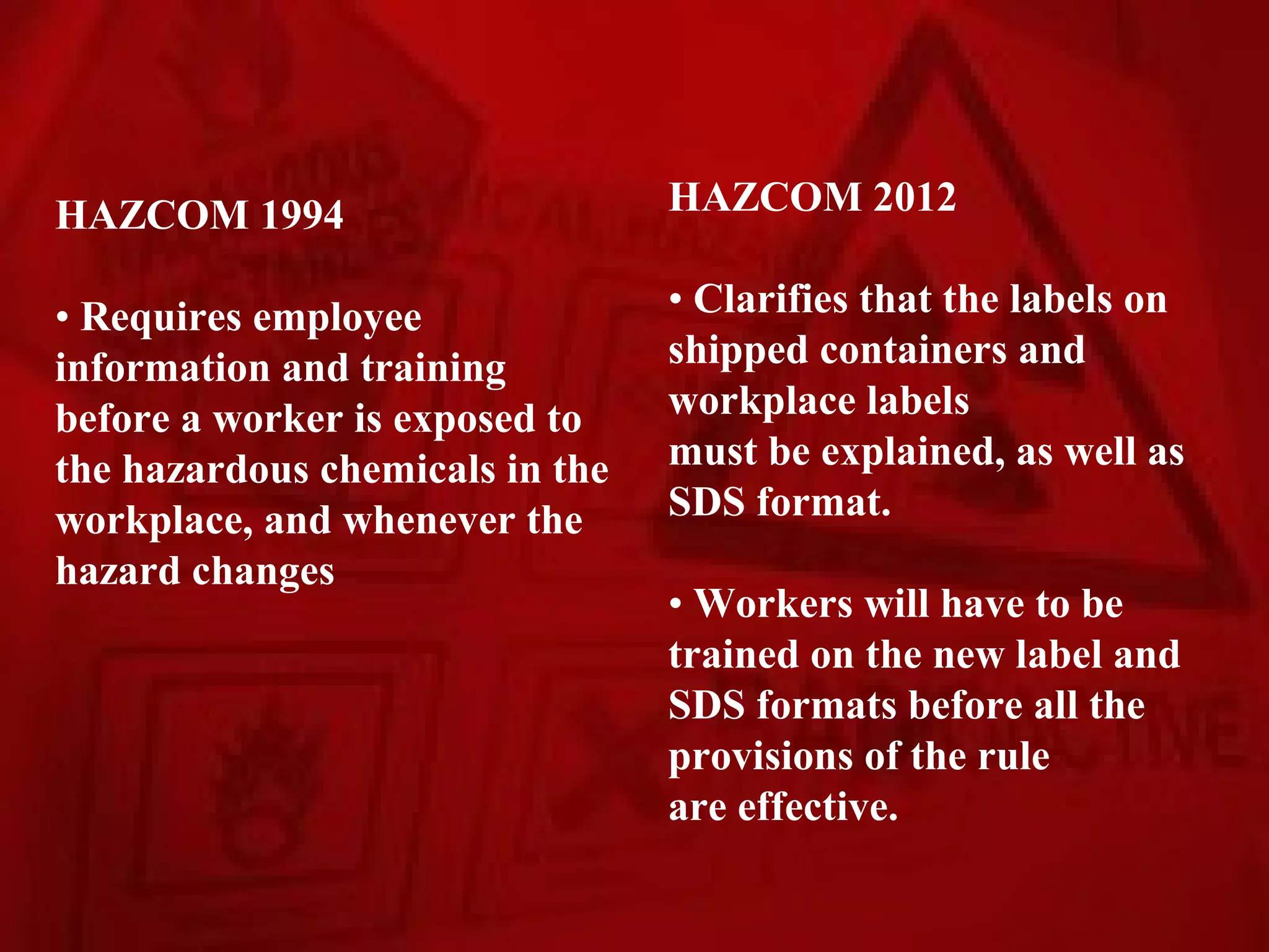 HAZCOM 1994                      HAZCOM 2012

• Requires employee              • Clarifies that the labels on
information and training         shipped containers and
before a worker is exposed to    workplace labels
the hazardous chemicals in the   must be explained, as well as
workplace, and whenever the      SDS format.
hazard changes
                                 • Workers will have to be
                                 trained on the new label and
                                 SDS formats before all the
                                 provisions of the rule
                                 are effective.
 