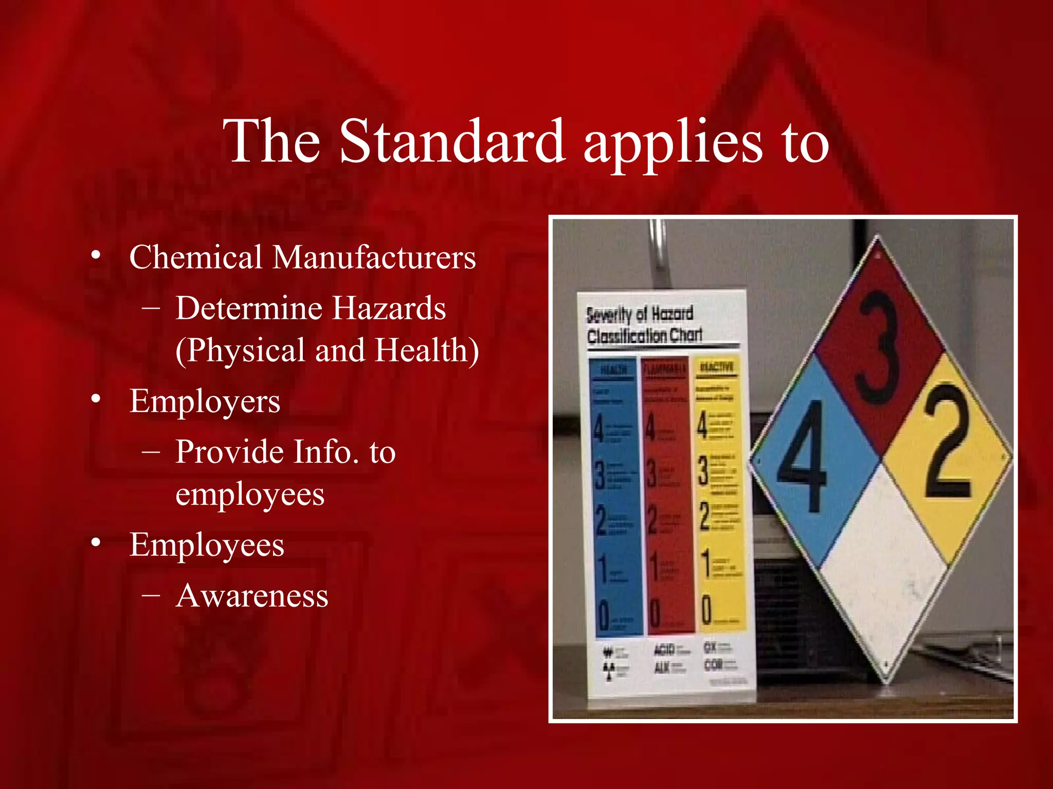 The Standard applies to
• Chemical Manufacturers
   – Determine Hazards
     (Physical and Health)
• Employers
   – Provide Info. to
     employees
• Employees
   – Awareness
 