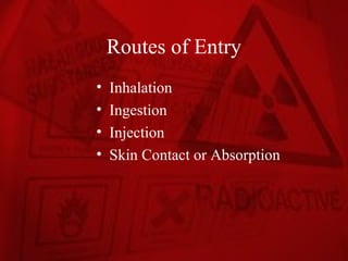 Routes of Entry
•   Inhalation
•   Ingestion
•   Injection
•   Skin Contact or Absorption
 