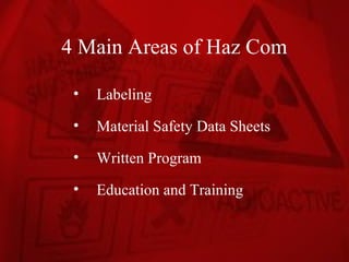 4 Main Areas of Haz Com

 •   Labeling
 •   Material Safety Data Sheets
 •   Written Program
 •   Education and Training
 
