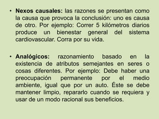 • Nexos causales: las razones se presentan como
la causa que provoca la conclusión: uno es causa
de otro. Por ejemplo: Correr 5 kilómetros diarios
produce un bienestar general del sistema
cardiovascular. Corra por su vida.
• Analógicos: razonamiento basado en la
existencia de atributos semejantes en seres o
cosas diferentes. Por ejemplo: Debe haber una
preocupación permanente por el medio
ambiente, igual que por un auto. Éste se debe
mantener limpio, repararlo cuando se requiera y
usar de un modo racional sus beneficios.
 