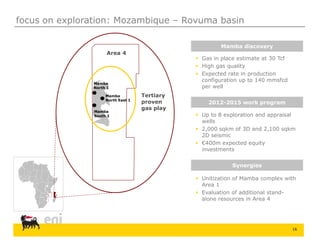 16
Area 4
Mamba
North 1
Tertiary
proven
gas play
Mamba
North East 1
Mamba
South 1
focus on exploration: Mozambique – Rovuma basin
2012-2015 work program
 Up to 8 exploration and appraisal
wells
 2,000 sqkm of 3D and 2,100 sqkm
2D seismic
 €400m expected equity
investments
Synergies
 Unitization of Mamba complex with
Area 1
 Evaluation of additional stand-
alone resources in Area 4
Mamba discovery
 Gas in place estimate at 30 Tcf
 High gas quality
 Expected rate in production
configuration up to 140 mmsfcd
per well
 