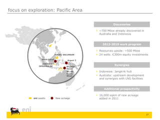 17
2012-2015 work program
 Resources upside: ~500 Mboe
 24 wells: €300m equity investments
Synergies
 Indonesia: Jangkrik hub
 Australia: upstream development
and synergies with LNG facilities
Additional prospectivity
 16,000 sqkm of new acreage
added in 2011
Discoveries
 ~700 Mboe already discovered in
Australia and Indonesia
eni assets New acreage
BUKAT/ BULUNGAN
North Ganal
JANGKRIK
JANGKRIK NE
Arguni 1
NT/P68-
Heron
NT/48-
Evans
Shoal
focus on exploration: Pacific Area
 