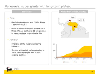 24
Venezuela: super giants with long-term plateau
Junín-5
Perla
 Perla
 Gas Sales Agreement and FID for Phase
1 achieved in 2011
 Phase 1: construction and installation of
three offshore platforms, 60-km pipeline
to shore, onshore processing facility
 Junìn EP
 Finalizing all the major engineering
contracts
 Seeking anticipated early production in
2012, using synergies with PDVSA
existing facilities
Venezuela Production (kboed, equity)
 