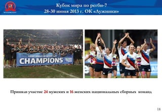 18
Кубок мира по регби-7
28-30 июня 2013 г. ОК «Лужники»
Приняли участие 24 мужских и 16 женских национальных сборных команд
 