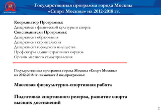 Государственная программа города Москвы
«Спорт Москвы» на 2012-2018 гг.
2
Координатор Программы:
Департамент физической культуры и спорта
Соисполнители Программы:
Департамент образования
Департамент строительства
Департамент городского имущества
Префектуры административных округов
Органы местного самоуправления
Государственная программа города Москвы «Спорт Москвы»
на 2012-2018 гг. включает 2 подпрограммы:
Массовая физкультурно-спортивная работа
Подготовка спортивного резерва, развитие спорта
высших достижений
 