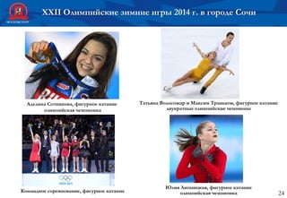 24Командное соревнование, фигурное катание
Татьяна Волосожар и Максим Траньков, фигурное катание
двукратные олимпийские чемпионы
Аделина Сотникова, фигурное катание
олимпийская чемпионка
Юлия Липницкая, фигурное катание
олимпийская чемпионка
XXII Олимпийские зимние игры 2014 г. в городе Сочи
 