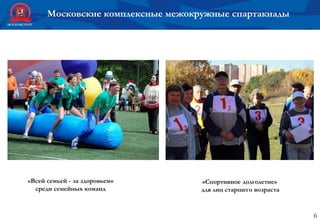 6
Московские комплексные межокружные спартакиады
«Спортивное долголетие»
для лиц старшего возраста
«Всей семьей - за здоровьем»
среди семейных команд
 