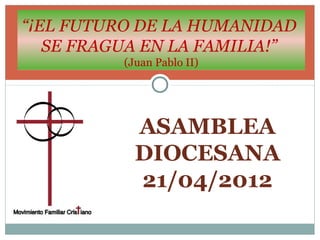 “¡EL FUTURO DE LA HUMANIDAD
SE FRAGUA EN LA FAMILIA!”
(Juan Pablo II)
ASAMBLEA
DIOCESANA
21/04/2012
 