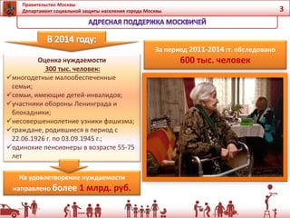 Правительство Москвы
Департамент социальной защиты населения города Москвы 3
Оценка нуждаемости
300 тыс. человек:
многодетные малообеспеченные
семьи;
семьи, имеющие детей-инвалидов;
участники обороны Ленинграда и
блокадники;
несовершеннолетние узники фашизма;
граждане, родившиеся в период с
22.06.1926 г. по 03.09.1945 г.;
одинокие пенсионеры в возрасте 55-75
лет
За период 2011-2014 гг. обследовано
600 тыс. человек
На удовлетворение нуждаемости
направлено более 1 млрд. руб.
 