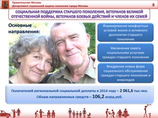 Правительство Москвы
Департамент социальной защиты населения города Москвы 8
Формирование комфортных
условий жизни и активного
долголетия старшего
поколения
Увеличение охвата
социальными услугами
граждан старшего поколения
Внедрение новых форм
социального обслуживания
граждан старшего поколения и
инвалидов
 