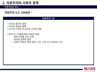 2. 자본주의와 사회적 경제
자본주의의 역사


자본주의 4.0: 2008년 ~

                              자본주의 4.0

  • 미국과 중국의 경쟁
  • 미국과 유럽의 융화
  • 서구적 가치와 아시아적 가치의 대립

  • 비즈니스 이해관계와 새로운 모델
      - 경제 주체들 간의 싞뢰
      - 정치와 경제의 협력
      - 사회적 책임과 경제 성장: CSV, CSR 3.0, Market 3.0
 