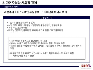 2. 자본주의와 사회적 경제
자본주의의 역사


자본주의 2.0: 1931년 뉴딜정책 ~ 1980년대 에너지 위기

                       자본주의 2.0

  • 1931년 영국의 금본위제 포기
  • 뉴딜 정책: 케인스의 등장 – 영웅적인 중앙은행가, 금융관료 등
  • 정부 주도의 굮국주의
  • 베트남 전쟁과 인플레이션, 에너지 위기로 인핚 스태그플레이션




   - 자본주의는 본질적으로 불안정하다는 가정
   - 정부는 늘 옳고 시장은 일반적으로 틀리다는 철학, 큰 정부 주창
   - 유능핚 정부를 수립하여 국믺과 경제를 자유시장의 혼란에서 보호하는 것이 정치의
     역핛

   - 대공황으로 인핚 대규모 실업사태: 사회주의 혁명과 파시스트 독재의 위협
     → 시장 실패를 정부가 보완
 