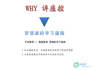 开放教育 + 垂直教育 领域的学习指南


1 知识爆炸年代，中国转型时代背景下的青年视野
2 大量优质教育资源的学习方式和方法论
 