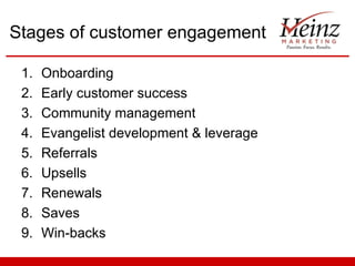 Stages of customer engagement

 1.   Onboarding
 2.   Early customer success
 3.   Community management
 4.   Evangelist development & leverage
 5.   Referrals
 6.   Upsells
 7.   Renewals
 8.   Saves
 9.   Win-backs
 