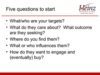 Five questions to start

• What/who are your targets?
• What do they care about? What outcome
  are they seeking?
• Where do you find them?
• What or who influences them?
• How do they want to engage and
  (eventually) buy?
 