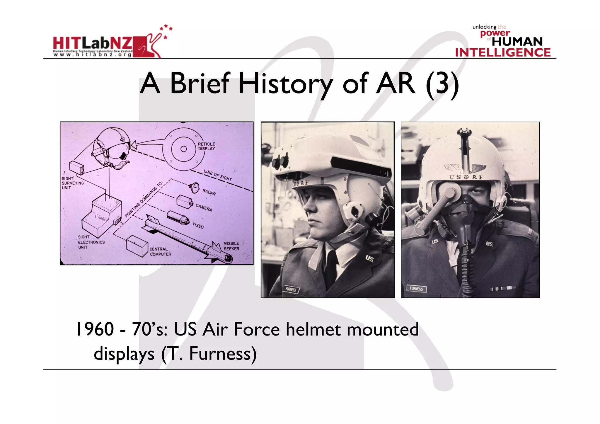 A Brief History of AR (3)




1960 - 70’s: US Air Force helmet mounted
  displays (T. Furness)
 