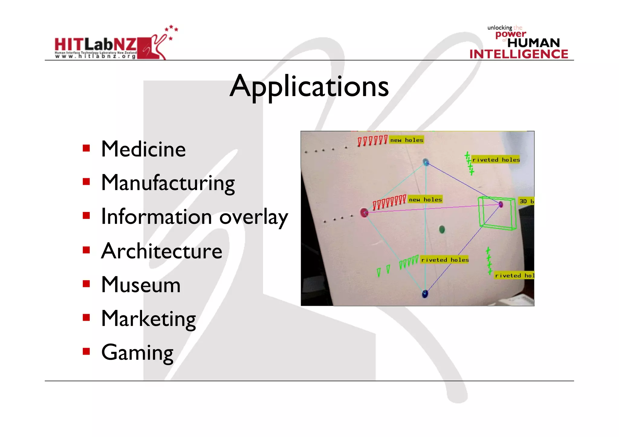 Applications
  Medicine
  Manufacturing
  Information overlay
  Architecture
  Museum
  Marketing
  Gaming
 