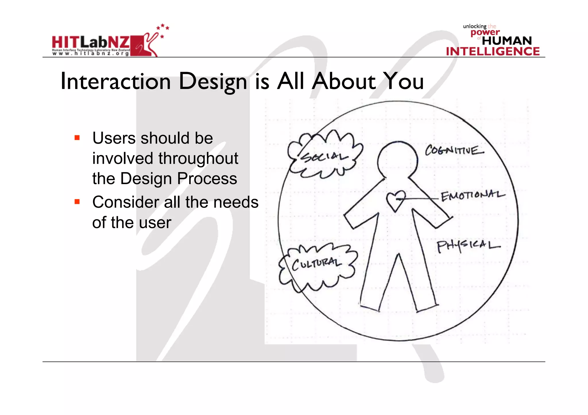 Interaction Design is All About You

   Users should be
    involved throughout
    the Design Process
   Consider all the needs
    of the user
 