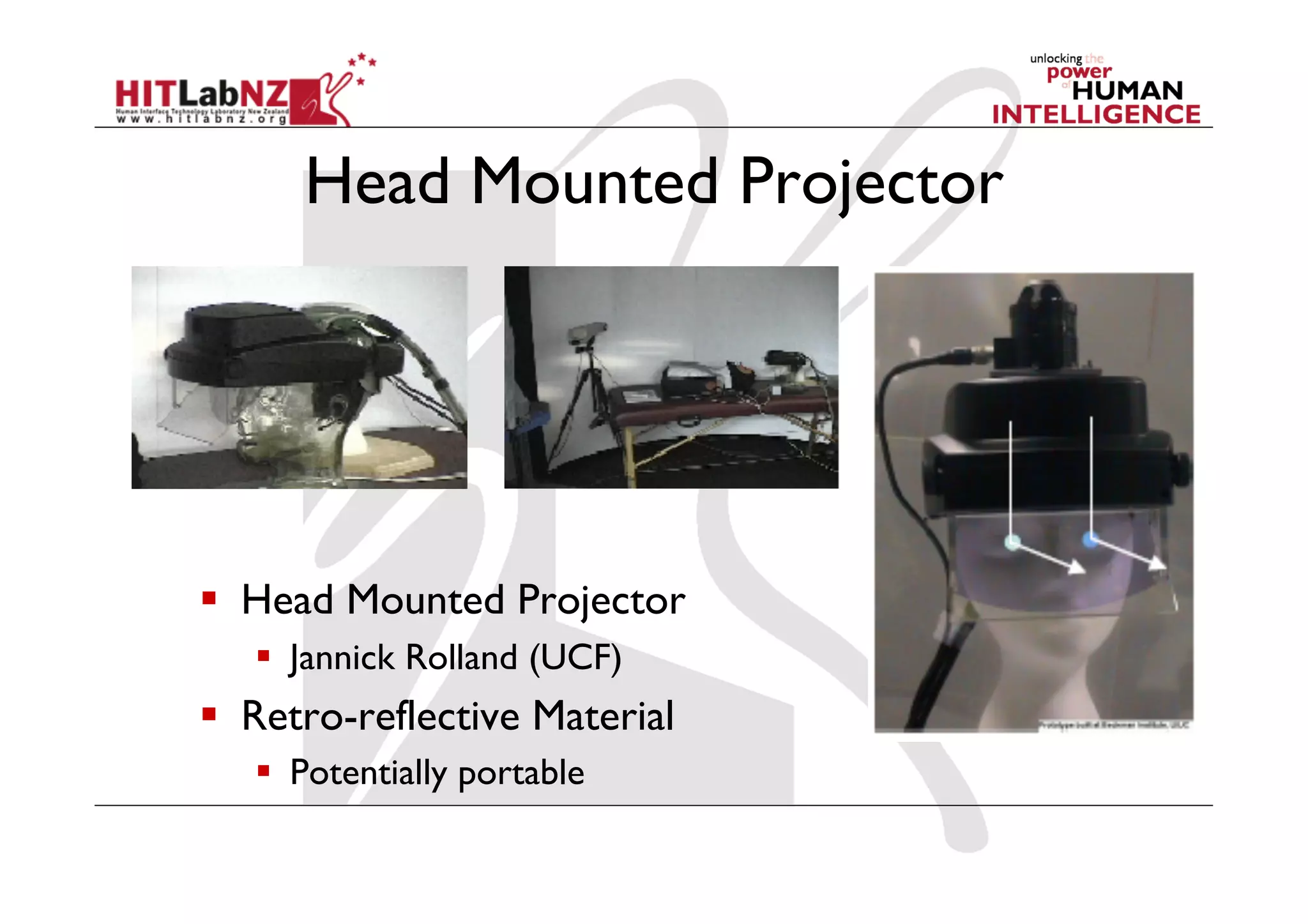 Head Mounted Projector




  Head Mounted Projector
     Jannick Rolland (UCF)
  Retro-reflective Material
     Potentially portable
 
