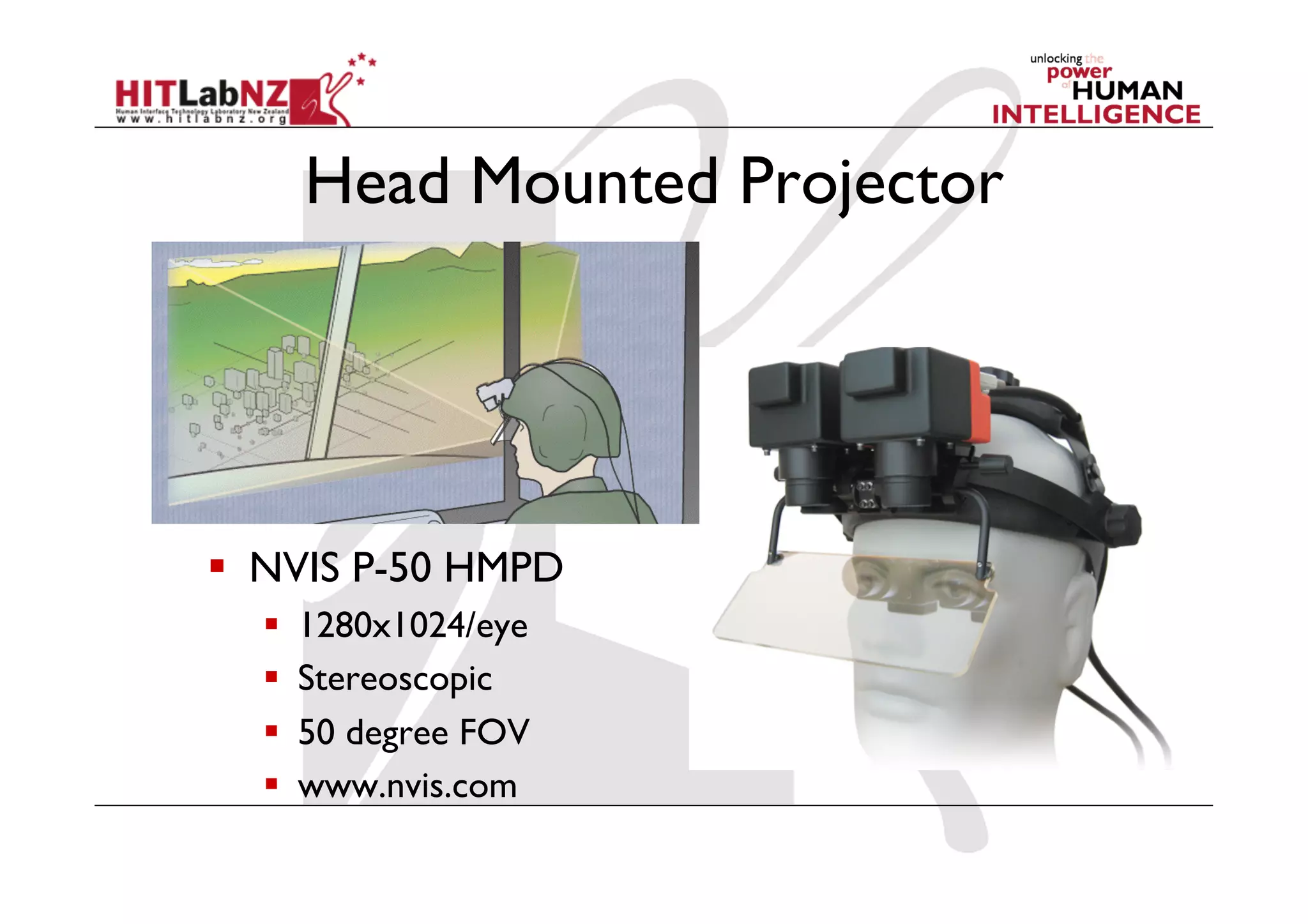 Head Mounted Projector




  NVIS P-50 HMPD
      1280x1024/eye
      Stereoscopic
      50 degree FOV
      www.nvis.com
 
