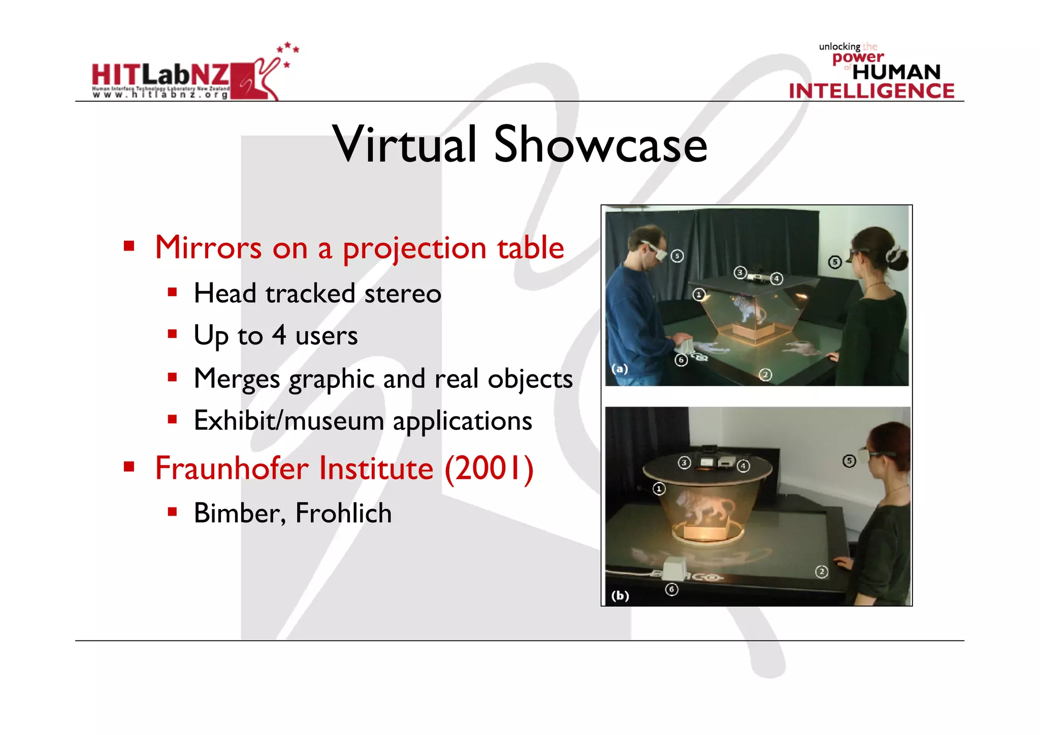 Virtual Showcase
  Mirrors on a projection table
       Head tracked stereo
       Up to 4 users
       Merges graphic and real objects
       Exhibit/museum applications
  Fraunhofer Institute (2001)
     Bimber, Frohlich
 