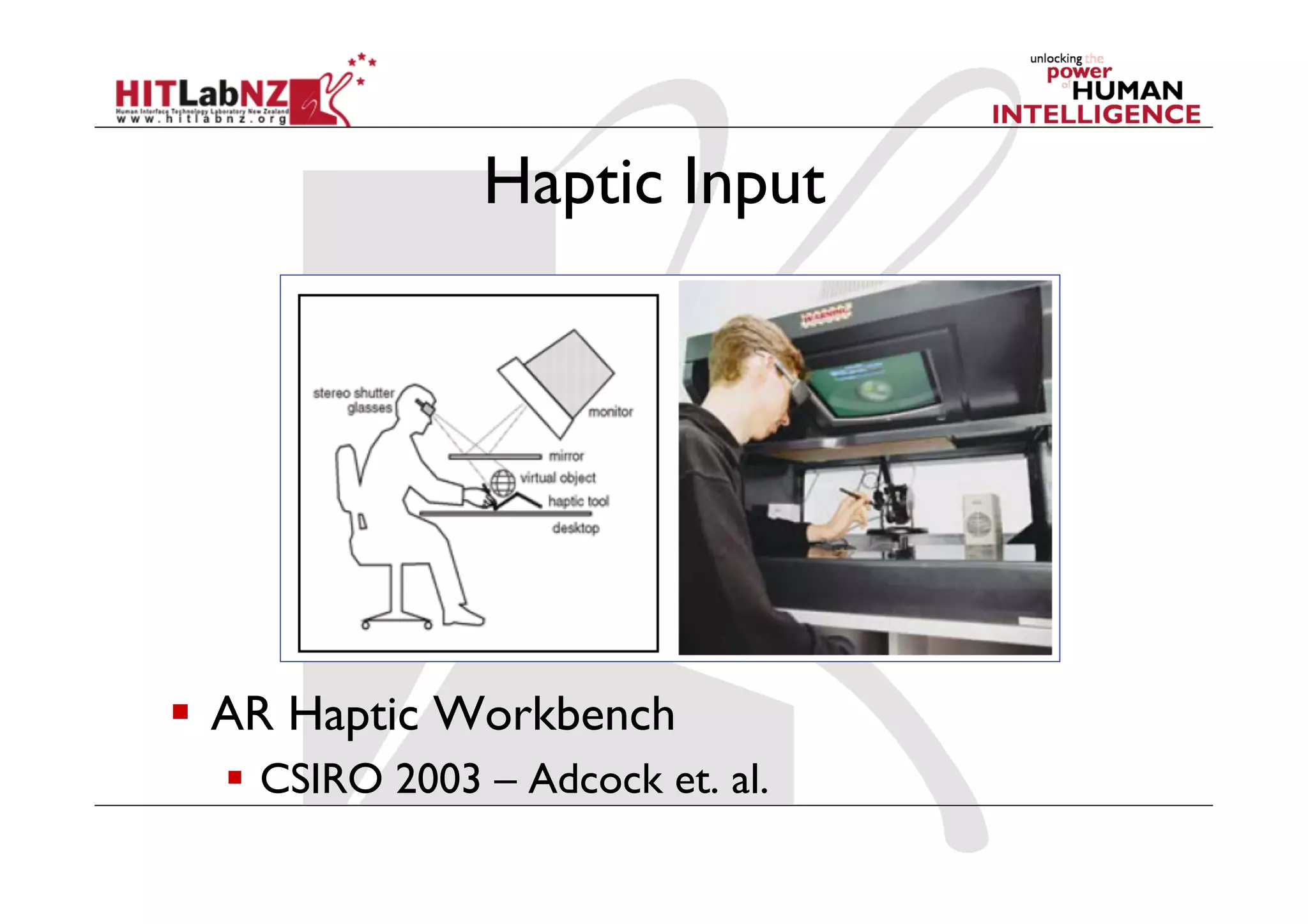 Haptic Input




  AR Haptic Workbench
    CSIRO 2003 – Adcock et. al.
 