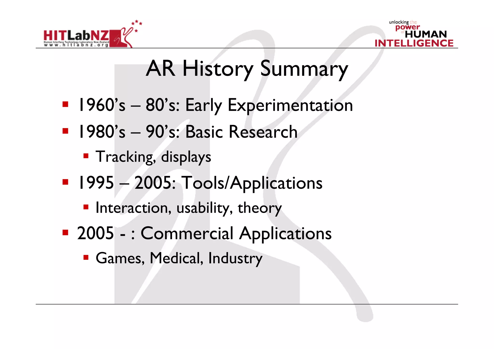AR History Summary
  1960’s – 80’s: Early Experimentation
  1980’s – 90’s: Basic Research
    Tracking, displays
  1995 – 2005: Tools/Applications
    Interaction, usability, theory
  2005 - : Commercial Applications
    Games, Medical, Industry
 