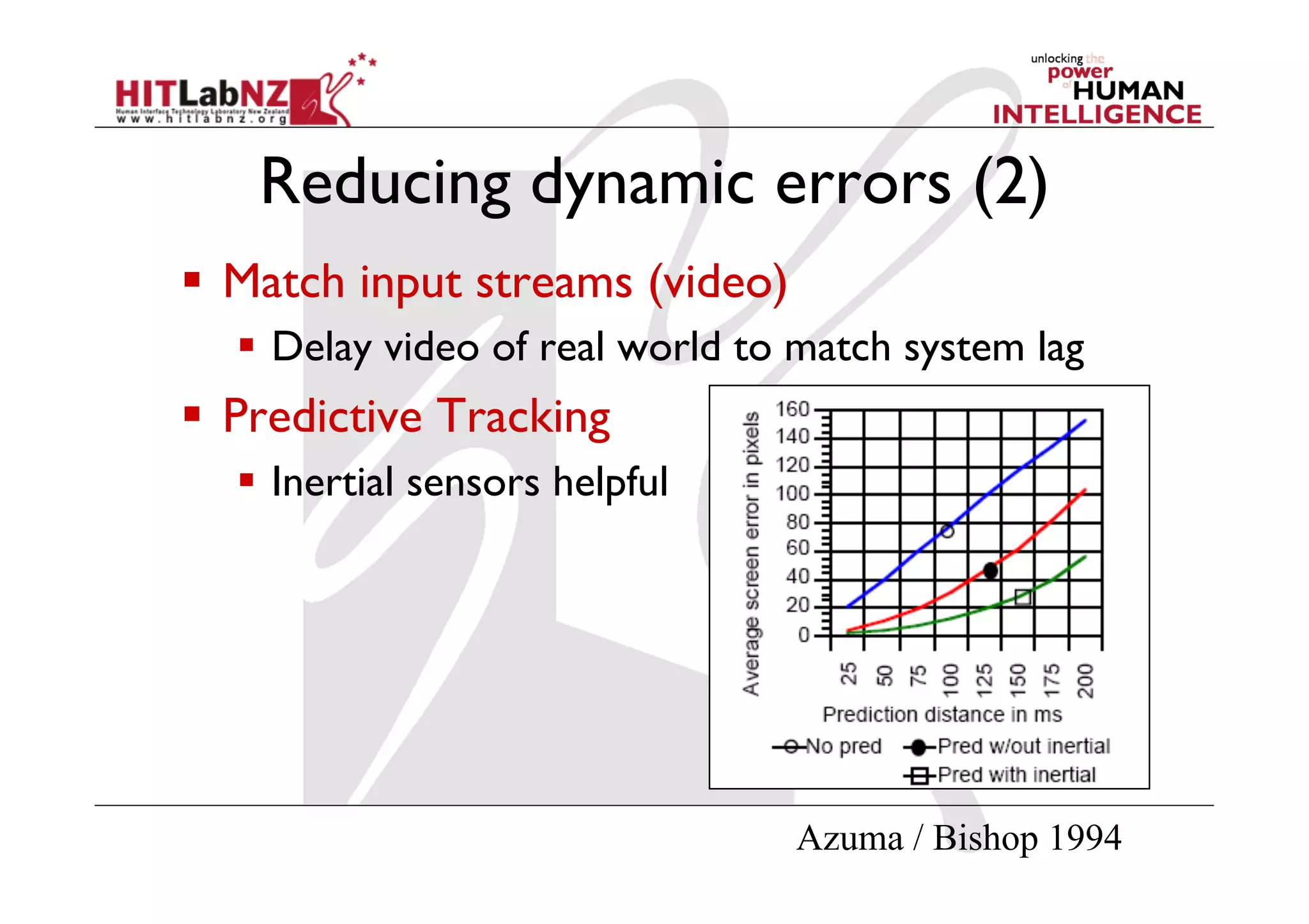 Reducing dynamic errors (2)
  Match input streams (video)
    Delay video of real world to match system lag
  Predictive Tracking
    Inertial sensors helpful




                                 Azuma / Bishop 1994
 