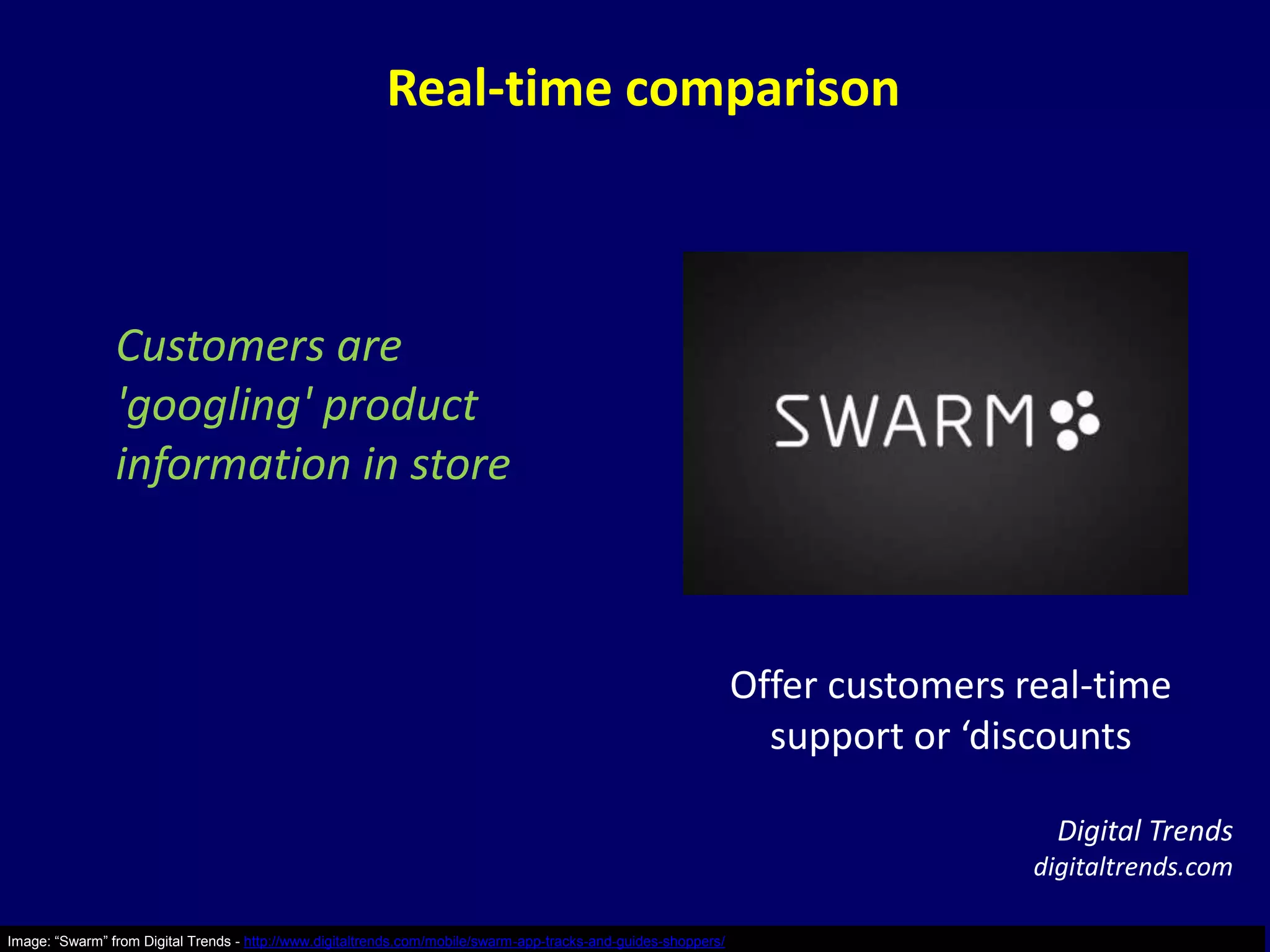 Real-time comparison



                Customers are
                'googling' product
                information in store



                                                                                                                 Offer customers real-time
                                                                                                                   support or ‘discounts

                                                                                                                                    Digital Trends
                                                                                                                                  digitaltrends.com

Image: “Swarm” from Digital Trends - http://www.digitaltrends.com/mobile/swarm-app-tracks-and-guides-shoppers/
 