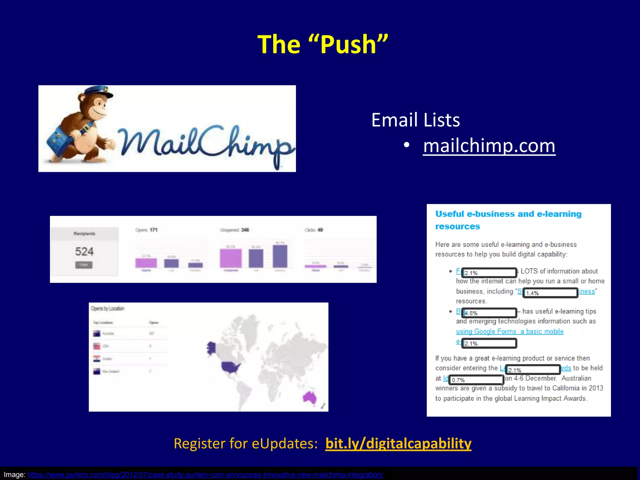 The “Push”

                                                                                                            Email Lists
                                                                                                              • mailchimp.com




                                                  Register for eUpdates: bit.ly/digitalcapability
Image: https://www.purlem.com/blog/2012/07/case-study-purlem-com-announces-innovative-new-mailchimp-integration/
 