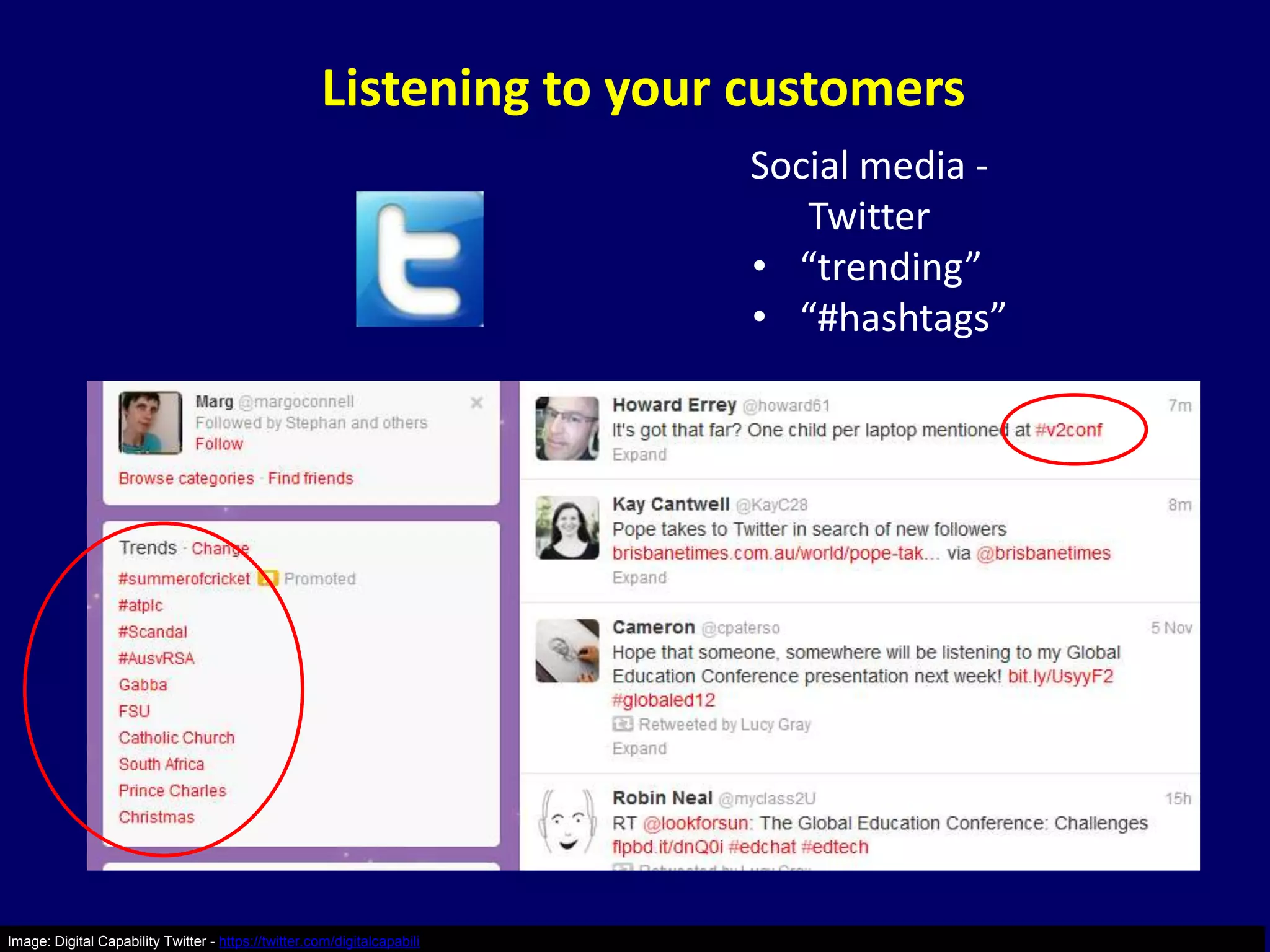 Listening to your customers
                                                                          Social media -
                                                                             Twitter
                                                                          • “trending”
                                                                          • “#hashtags”




Image: Digital Capability Twitter - https://twitter.com/digitalcapabili
 